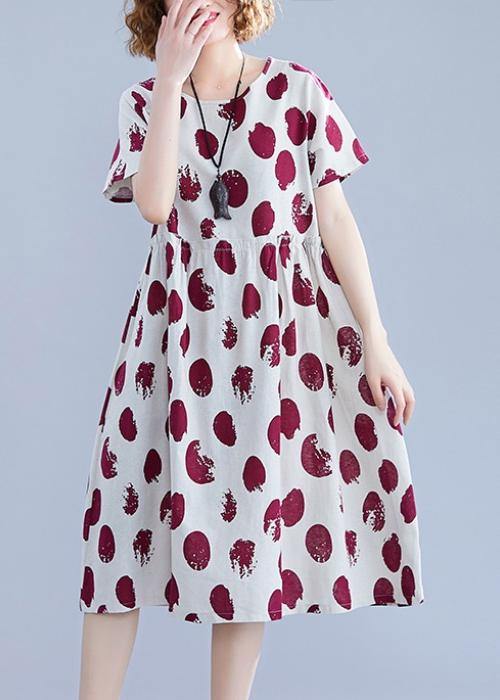 Natural O Neck Short Sleeve Cotton Quilting Clothes Shape Red Dotted Dresses