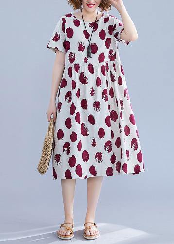 Natural O Neck Short Sleeve Cotton Quilting Clothes Shape Red Dotted Dresses