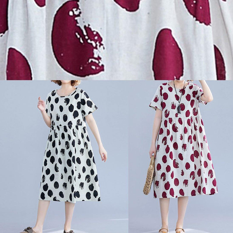 Natural O Neck Short Sleeve Cotton Quilting Clothes Shape Red Dotted Dresses