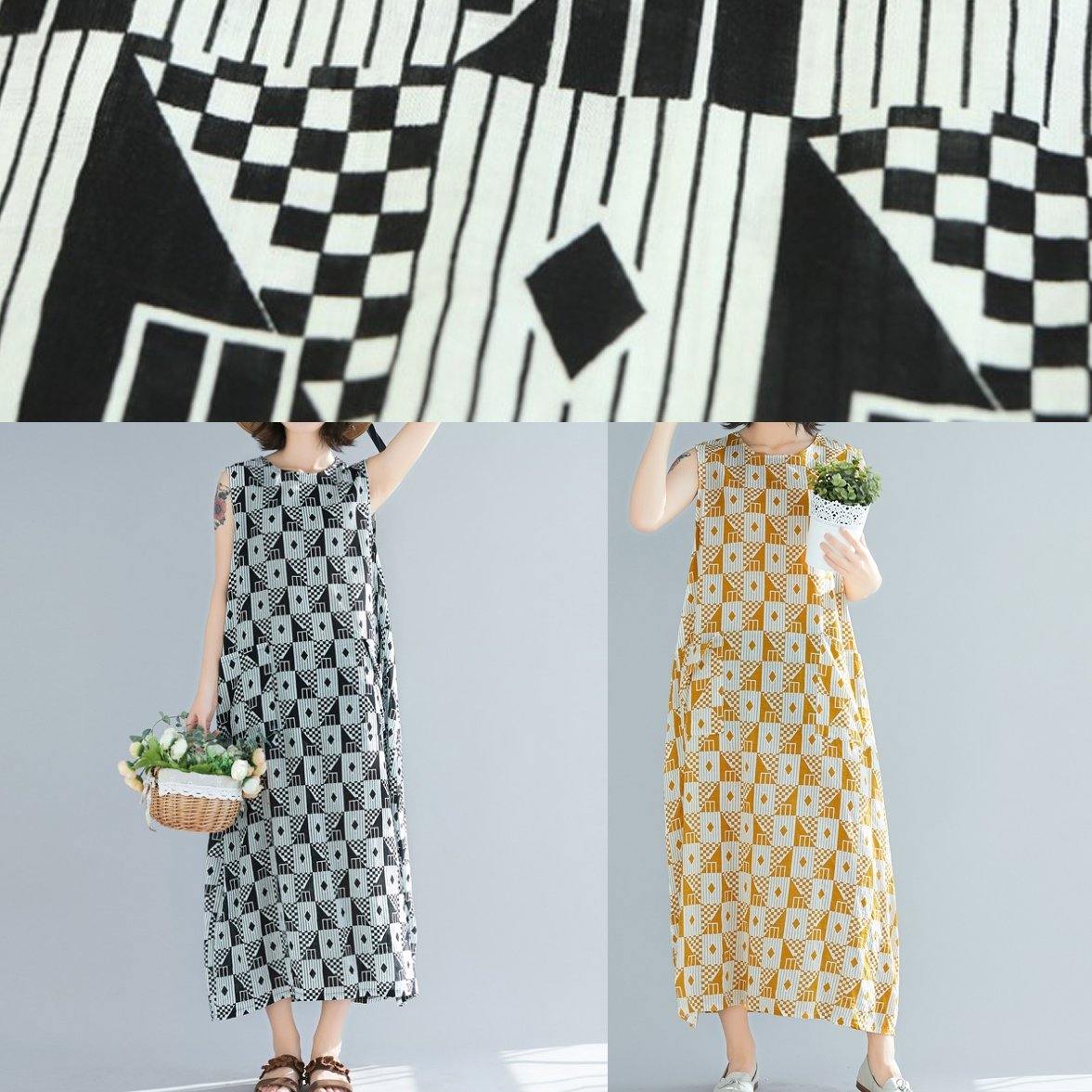 Natural O Neck Sleeveless Cotton Summer Clothes Yellow Geometric Kaftan Dresses