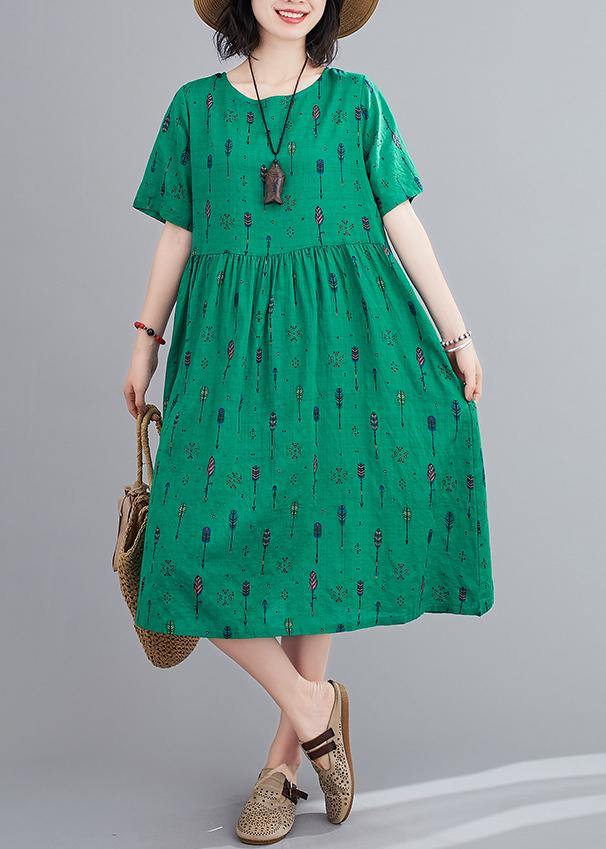 Natural O Neck Summer Sewing Green Print Long Dress