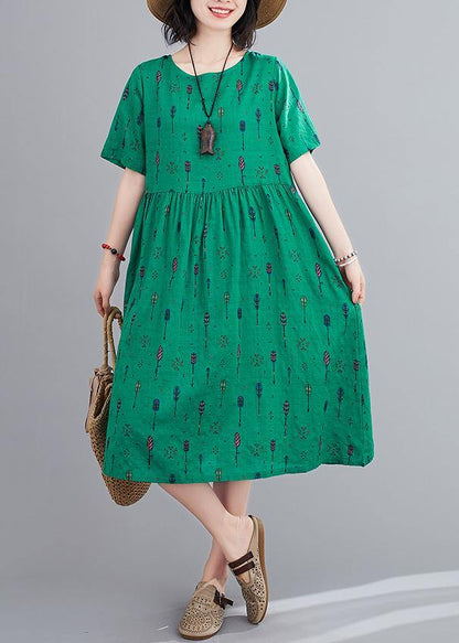 Natural O Neck Summer Sewing Green Print Long Dress