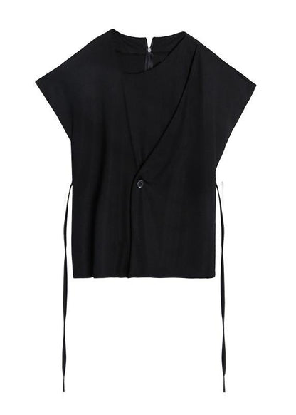 Natural O Neck Tie Waist Blouse Neckline Black Shirt