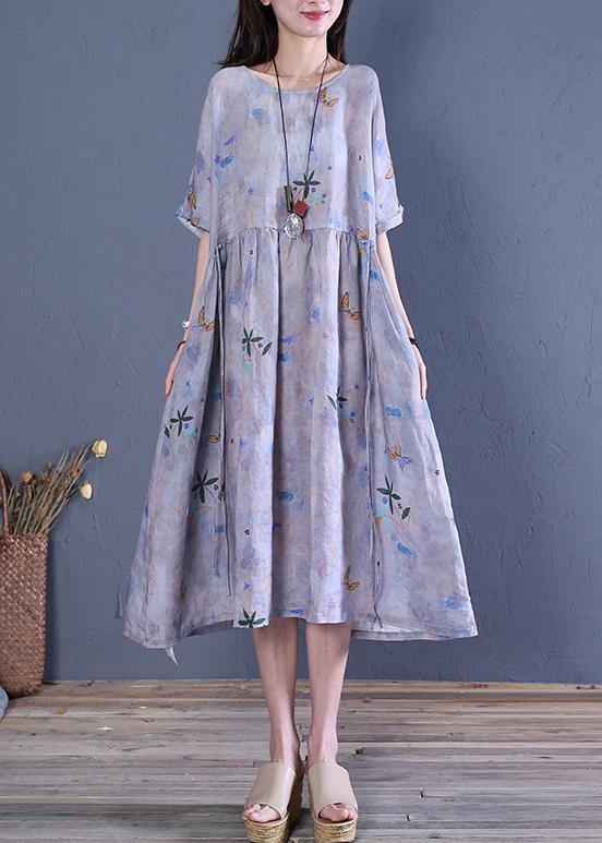 Natural O Neck Tie Waist Linen Clothes for Fabrics Gray Print Dresses
