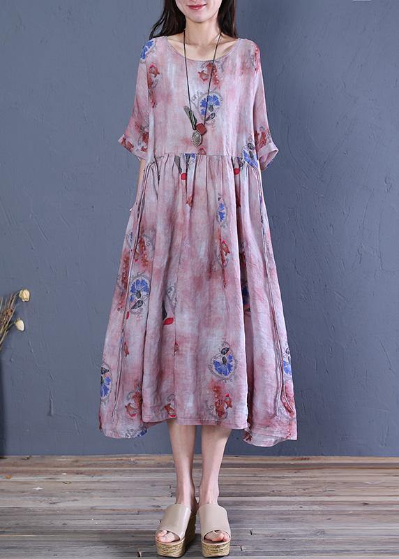 Natural O Neck Tie Waist Linen Clothes for Fabrics Gray Print Dresses