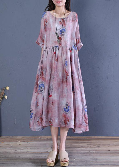 Natural O Neck Tie Waist Linen Clothes for Fabrics Gray Print Dresses