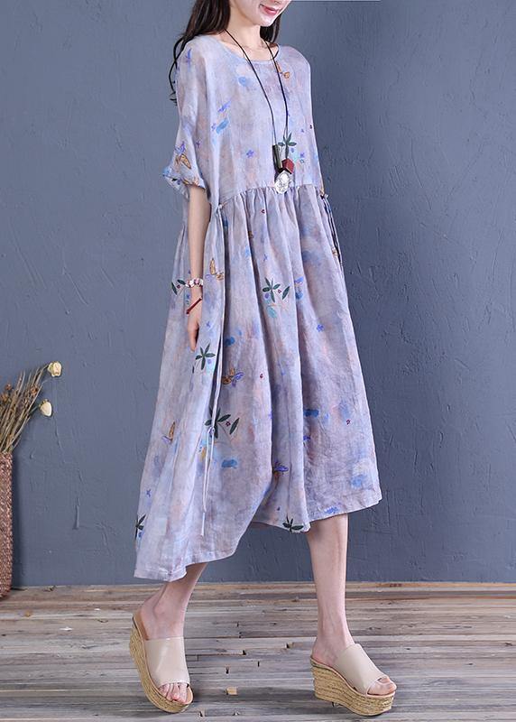 Natural O Neck Tie Waist Linen Clothes for Fabrics Gray Print Dresses