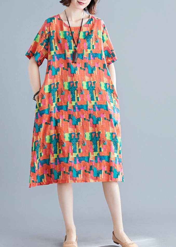 Natural Orange Print Cotton Wardrobes O Neck Pockets Shift Summer Dress