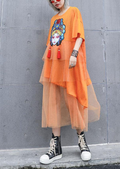 Natural Orange Prints Cotton Clothes for Patchwork Tulle Loose Summer Dresses