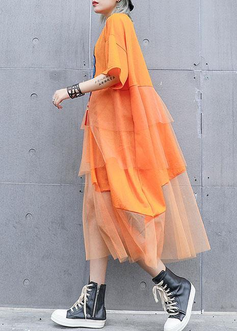 Natural Orange Prints Cotton Clothes for Patchwork Tulle Loose Summer Dresses