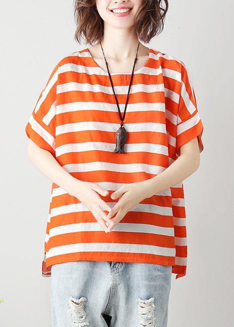 Natural Orange Striped Cotton Blouses for O Neck Batwing Sleeve Art Top