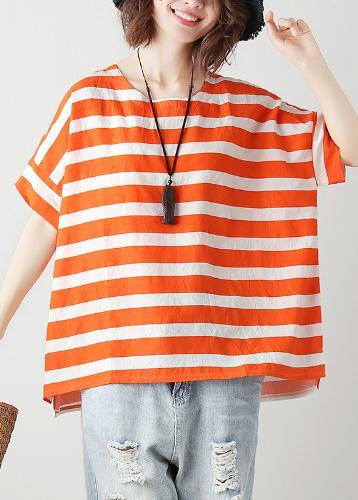 Natural Orange Striped Cotton Blouses for O Neck Batwing Sleeve Art Top