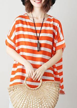 Natural Orange Striped Cotton Blouses for O Neck Batwing Sleeve Art Top