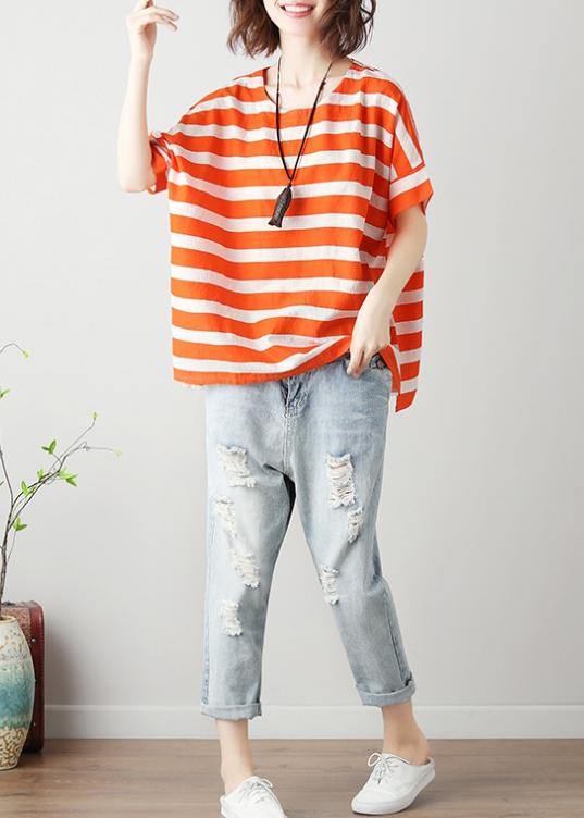 Natural Orange Striped Cotton Blouses for O Neck Batwing Sleeve Art Top
