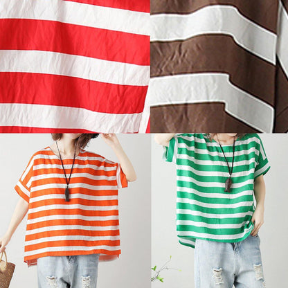 Natural Orange Striped Cotton Blouses for O Neck Batwing Sleeve Art Top
