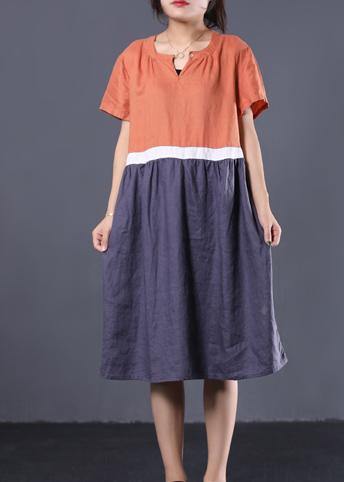 Natural Patchwork Color Linen Dresses Shape Orange V Neck Dress Summer