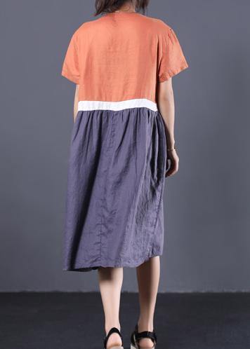 Natural Patchwork Color Linen Dresses Shape Orange V Neck Dress Summer