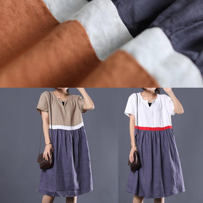 Natural Patchwork Color Linen Dresses Shape Orange V Neck Dress Summer