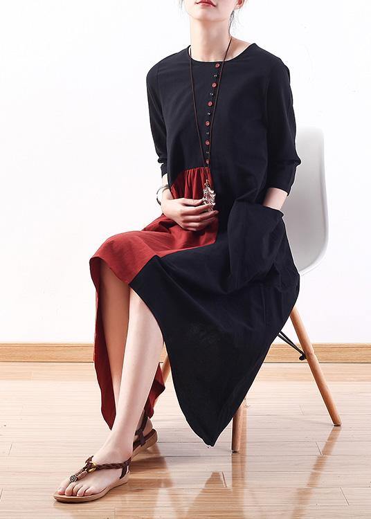 Natural Patchwork Cotton Dresses Wardrobes Black Bracelet Sleeved Dress Summer