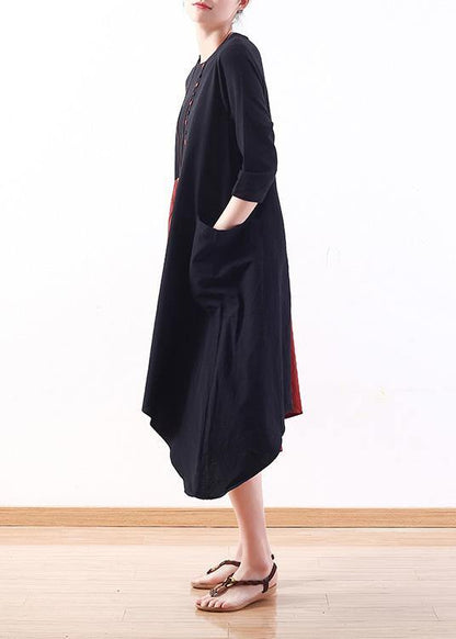 Natural Patchwork Cotton Dresses Wardrobes Black Bracelet Sleeved Dress Summer