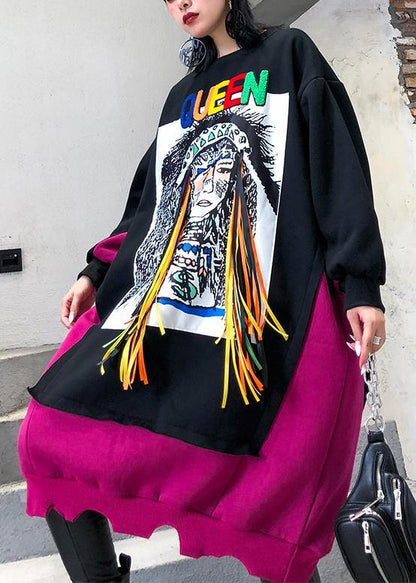 Natural Patchwork Cotton Winter Tunic Ideas Black Cartoon Print Dresses