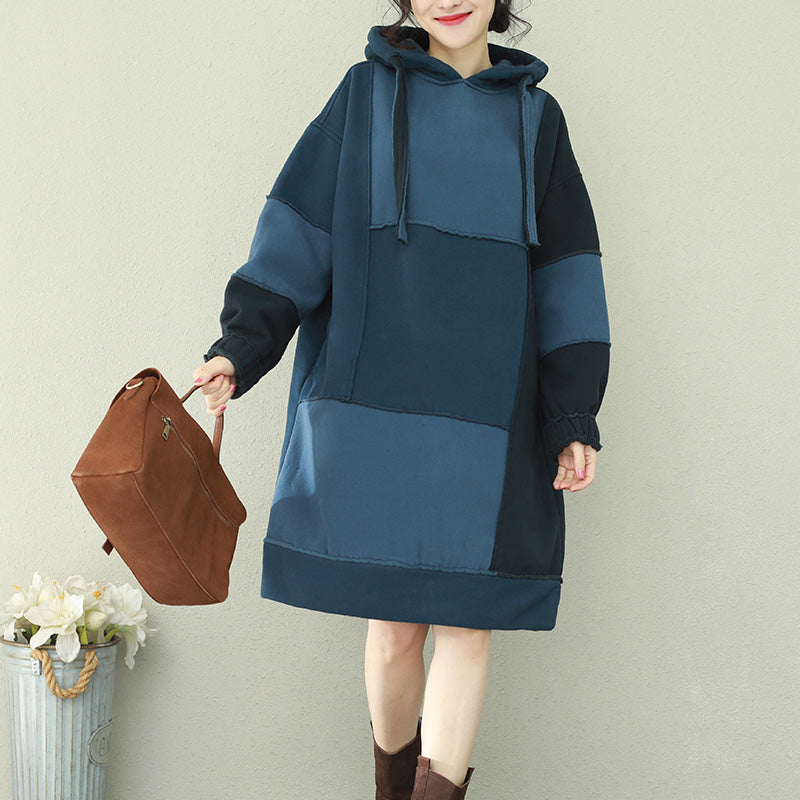 Natural Patchwork Hooded Cotton Quilting Dresses Blue Midi Dress
