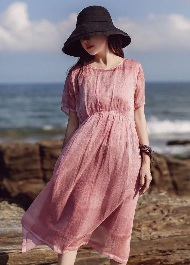 Natural Pink Cotton Quilting Clothes Short Sleeve Loose Summer Dress