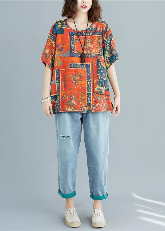 Natural Prints Cotton Tunic Pattern O Neck Short Sleeve Linen Daily Summer Blouse