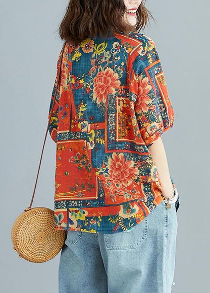 Natural Prints Cotton Tunic Pattern O Neck Short Sleeve Linen Daily Summer Blouse