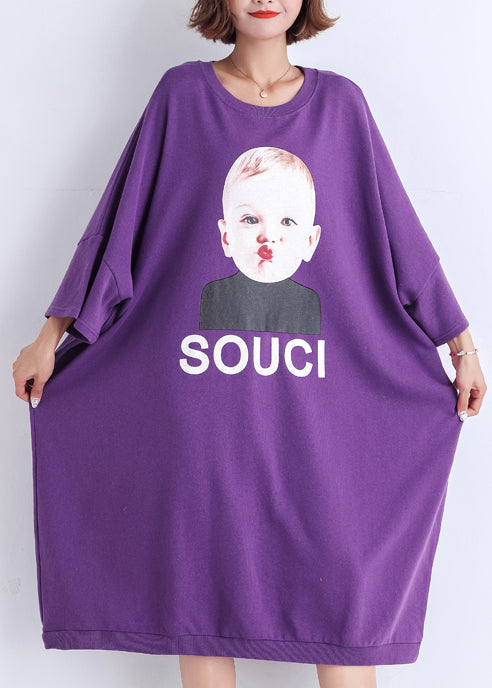 Natural Purple Print Cotton Clothes Sewing O Neck Cotton Summer Dress