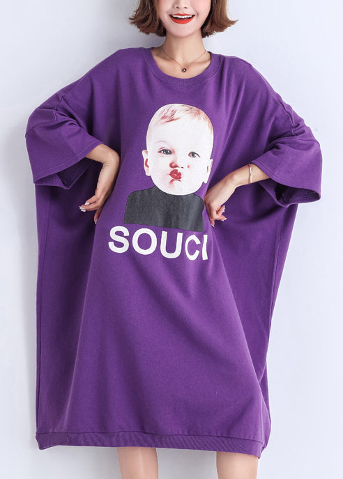 Natural Purple Print Cotton Clothes Sewing O Neck Cotton Summer Dress