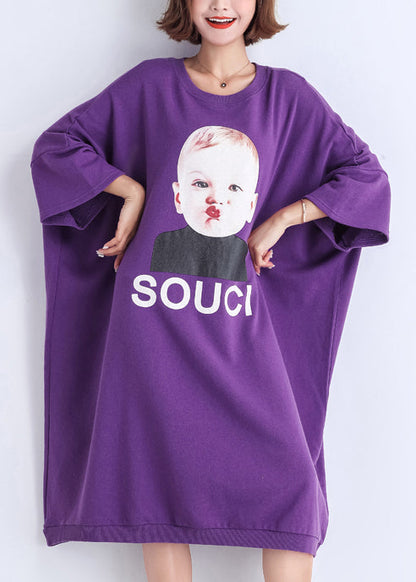 Natural Purple Print Cotton Clothes Sewing O Neck Cotton Summer Dress