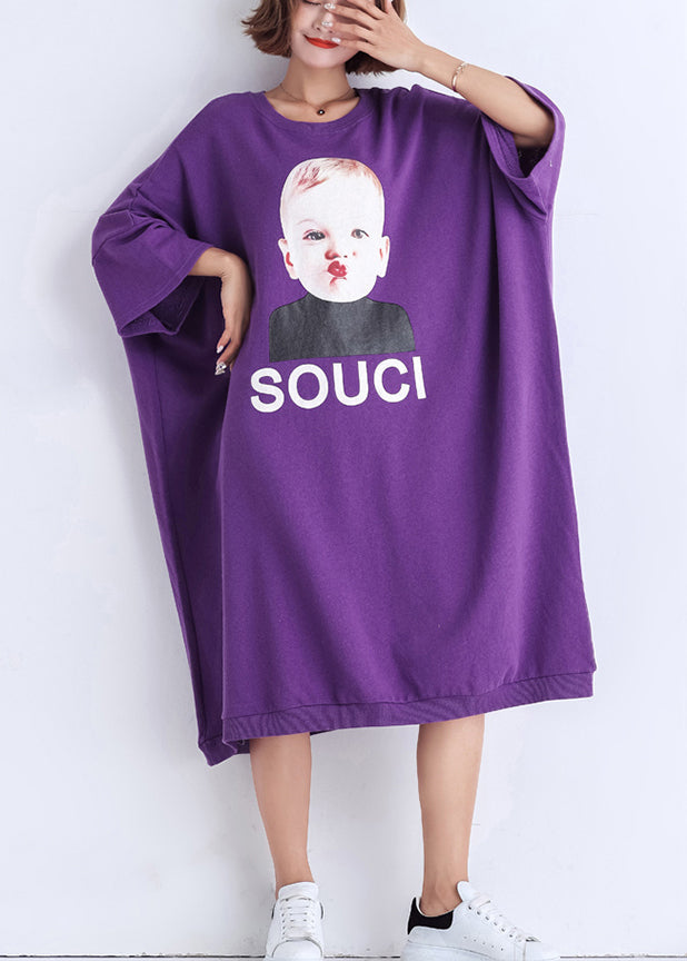 Natural Purple Print Cotton Clothes Sewing O Neck Cotton Summer Dress