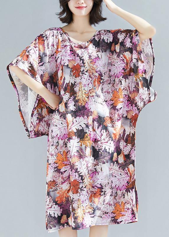 Natural Purple Print Cotton Clothes O Neck a Line Summer Dresses