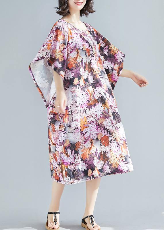 Natural Purple Print Cotton Clothes O Neck a Line Summer Dresses
