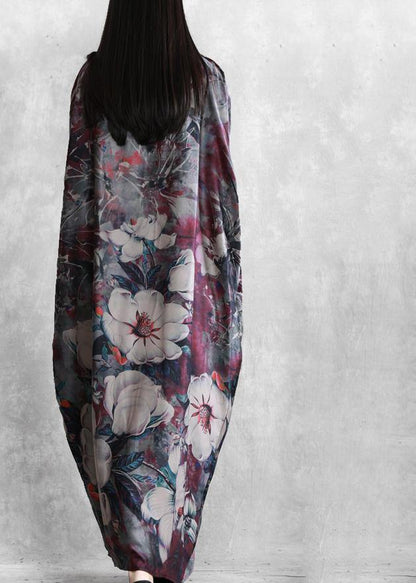 Natural Purple Print Clothes for O Neck Batwing Sleeve Robes Dresses