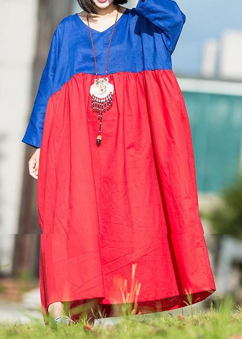 Natural Red Blue Linen Robes Patchwork O Neck Summer Dresses