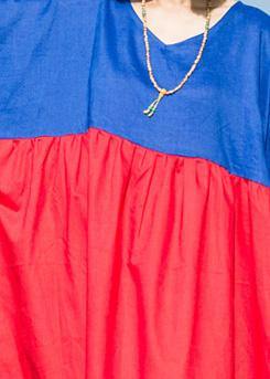 Natural Red Blue Linen Robes Patchwork O Neck Summer Dresses