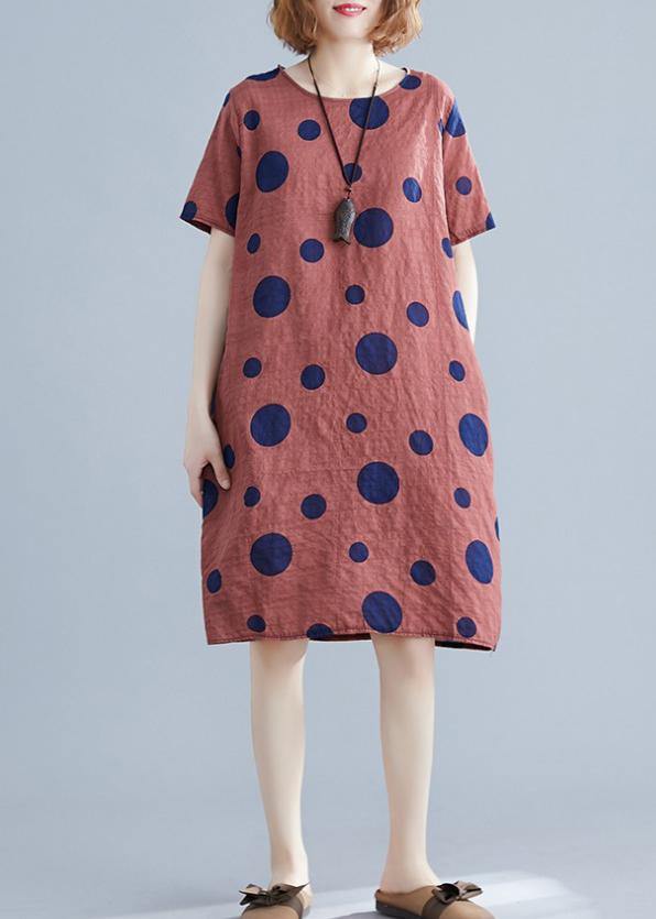Natural Red Dotted Cotton Dress O Neck Pockets Shift Dres