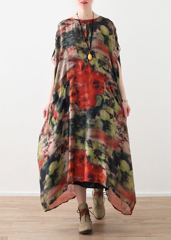 Natural Red Silk Robes Shirts O Neck Long Summer Dresses