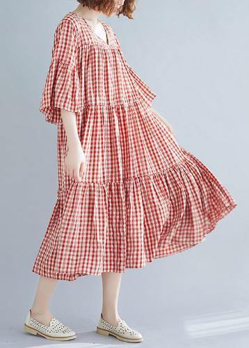 Natural Red Plaid Cotton Long Shirts V Neck Cinched Robe Summer Dresses