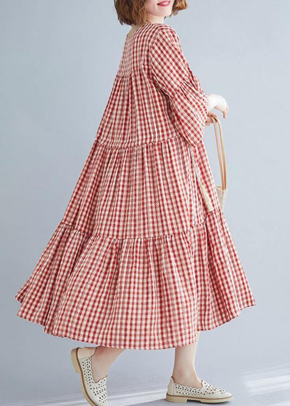 Natural Red Plaid Cotton Long Shirts V Neck Cinched Robe Summer Dresses