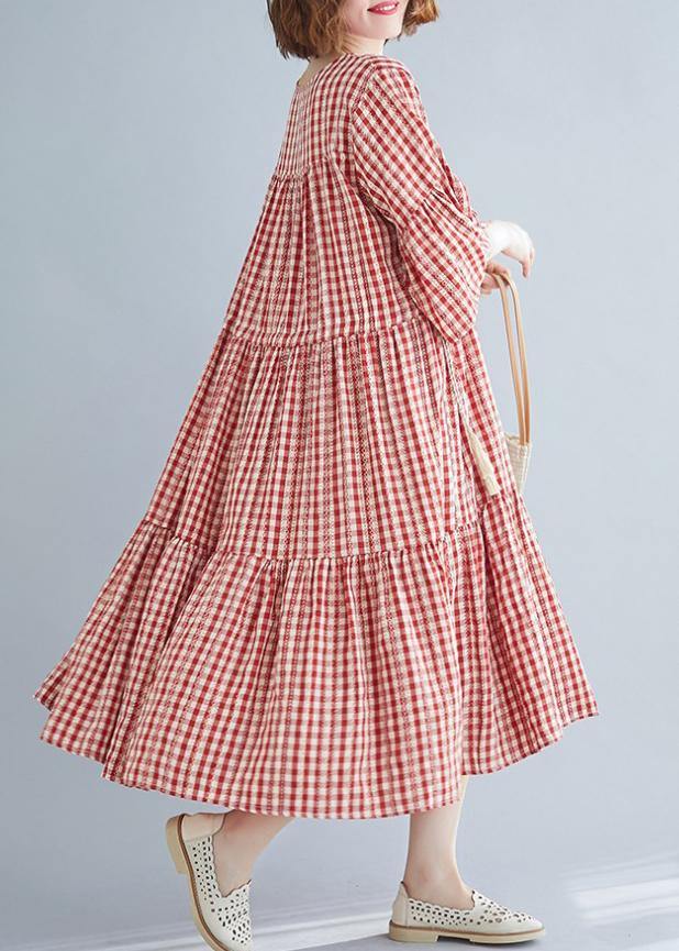 Natural Red Plaid Cotton Long Shirts V Neck Cinched Robe Summer Dresses