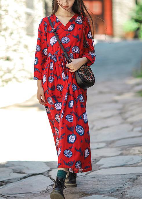 Natural Red Print Cotton Soft Surroundings V Neck Drawstring Love Summer Dresses