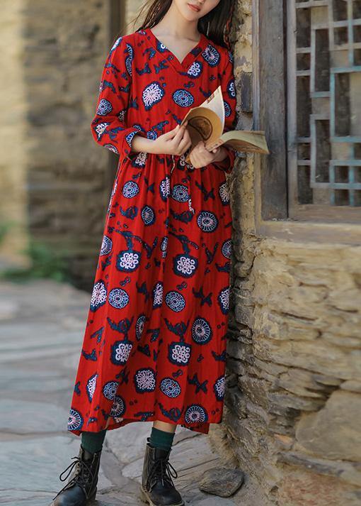 Natural Red Print Cotton Soft Surroundings V Neck Drawstring Love Summer Dresses