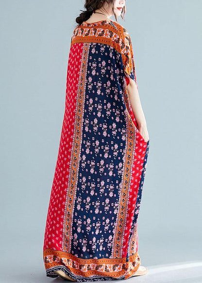 Natural Red Print Cotton Dresses V Neck Pockets Cotton Robes Summer Dresses