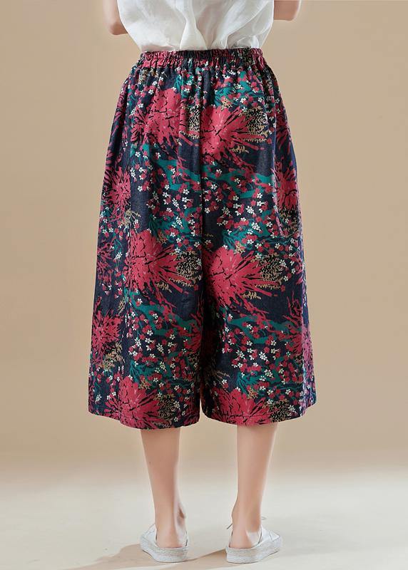 Natural Red Print Cotton for Fitted Catwalk Robe Elastic Waist Wide Leg Pants