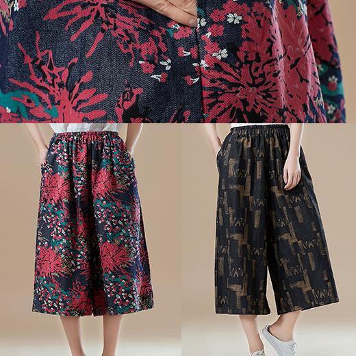 Natural Red Print Cotton for Fitted Catwalk Robe Elastic Waist Wide Leg Pants