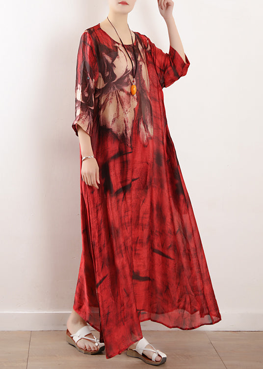 Natural Red Print Silk Dresses Asymmetric Big Hem Kaftan Summer Dresses