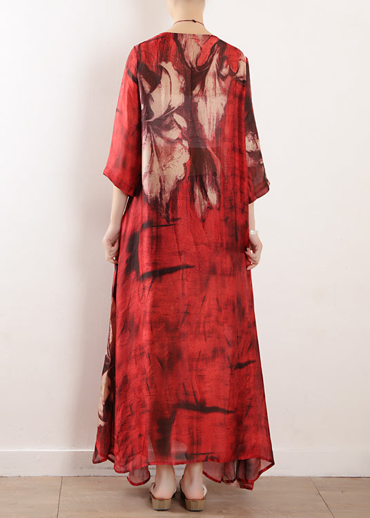 Natural Red Print Silk Dresses Asymmetric Big Hem Kaftan Summer Dresses